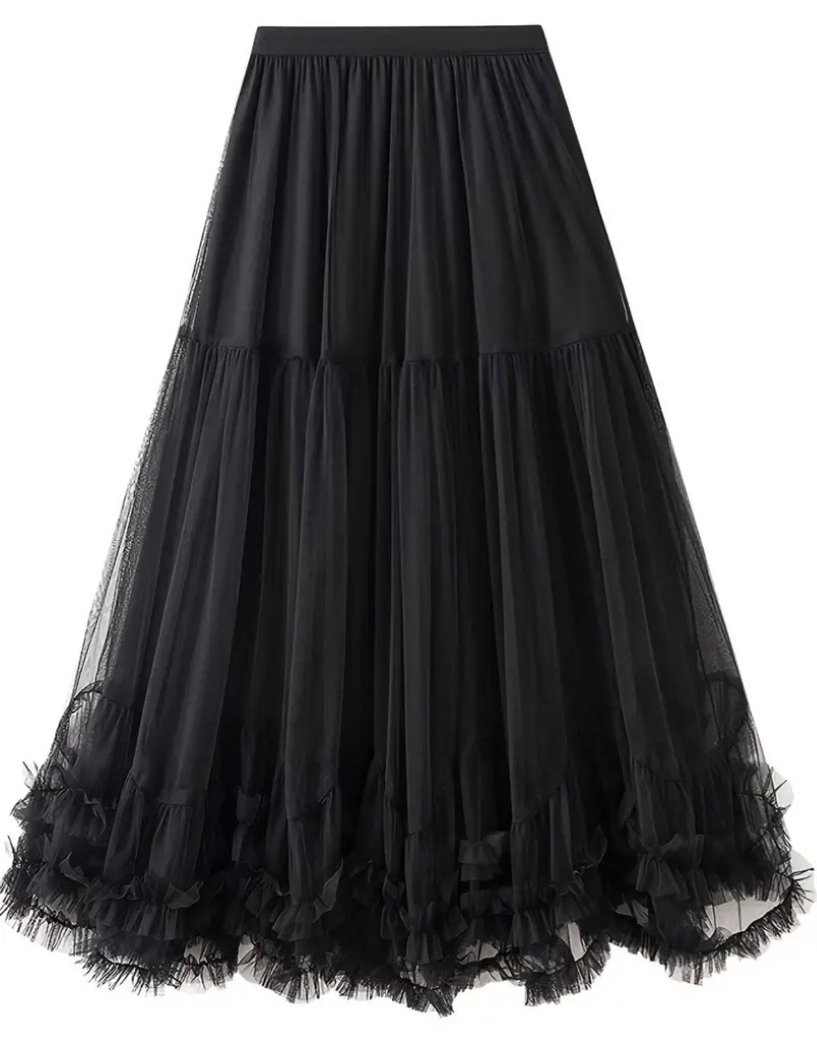 Ruffle Mesh Midi Skirt