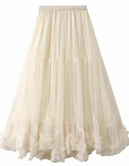 Ruffle Mesh Midi Skirt